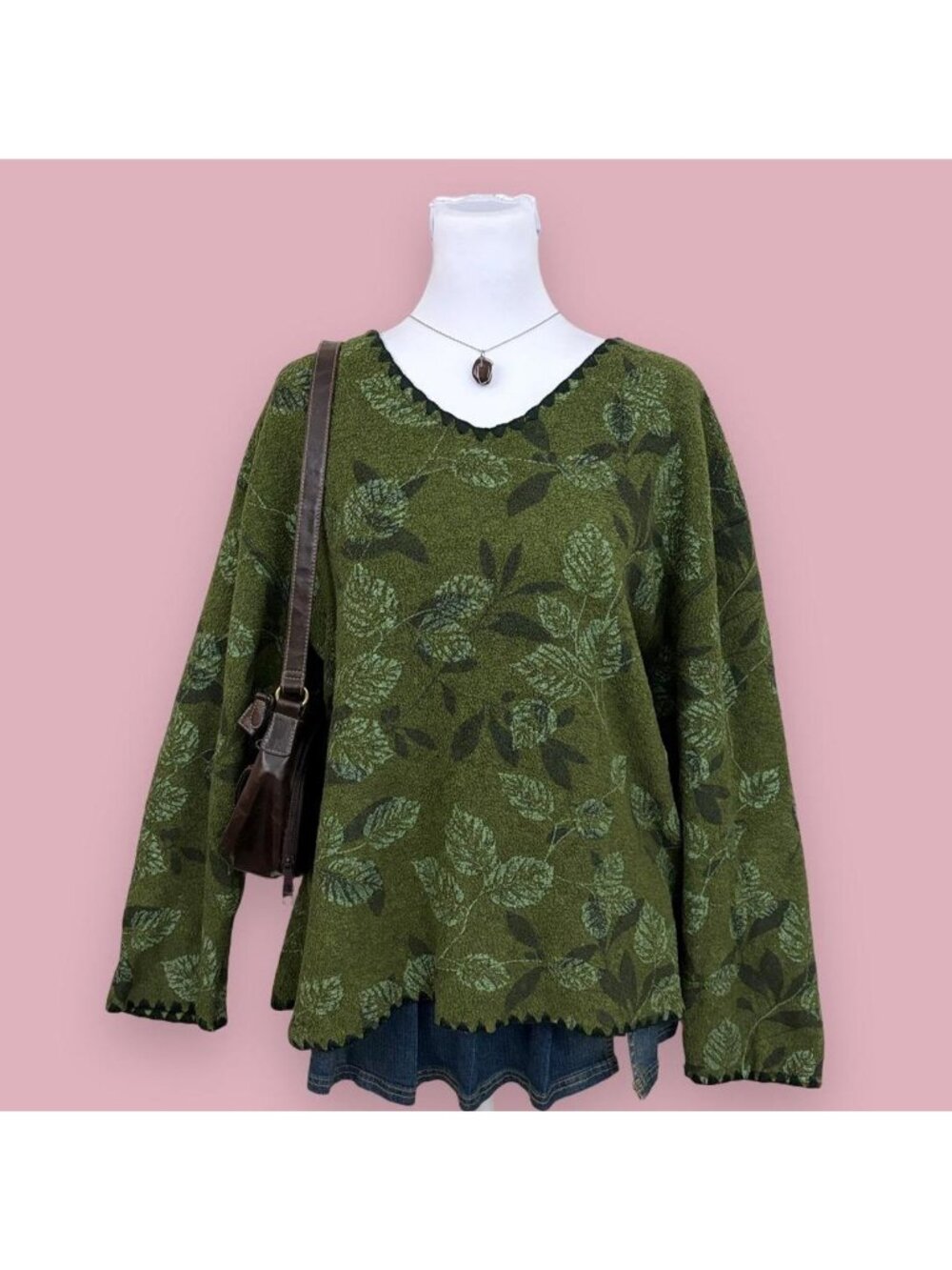 90s leaf print granola girl fleece sweater